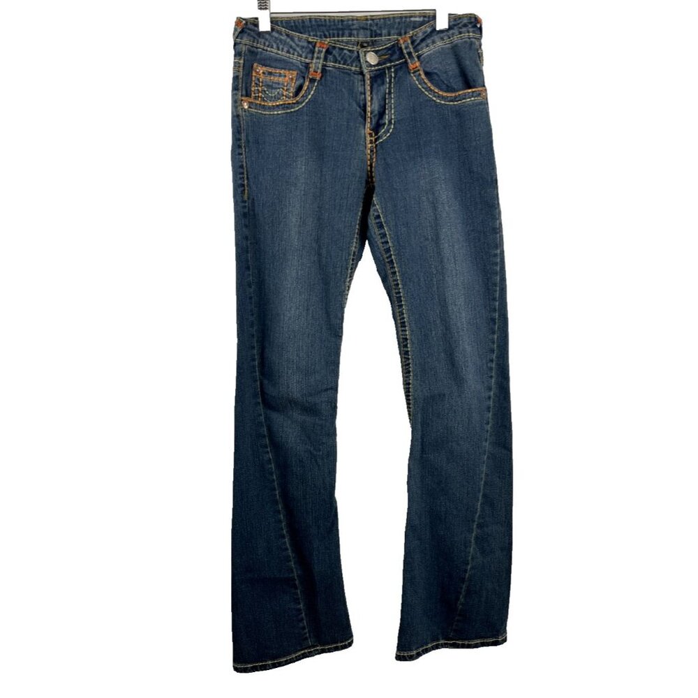 True Religion Vintage Joey Low Rise Flare Big T Jeans Blue Denim Women's Size 28